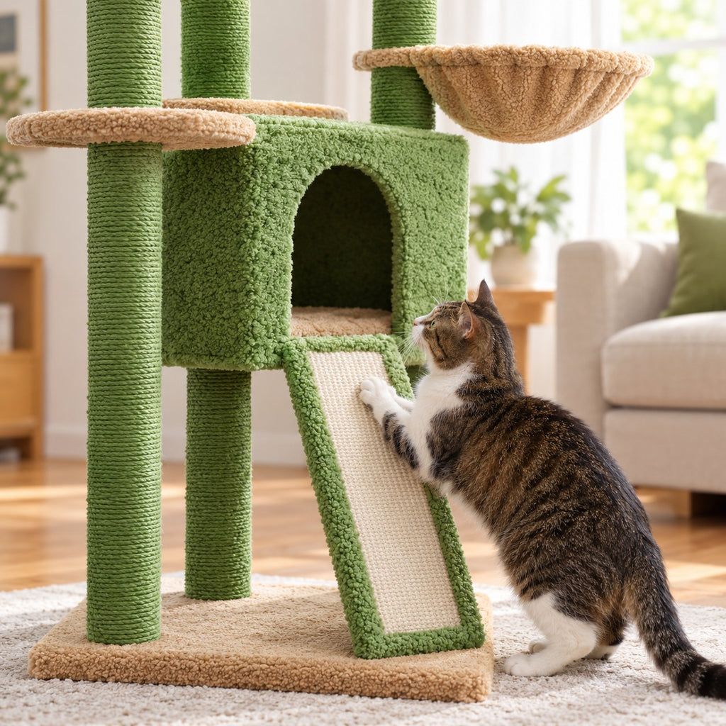 Cat scratching the sisal ramp next to the condo of the floor to ceiling cat tree