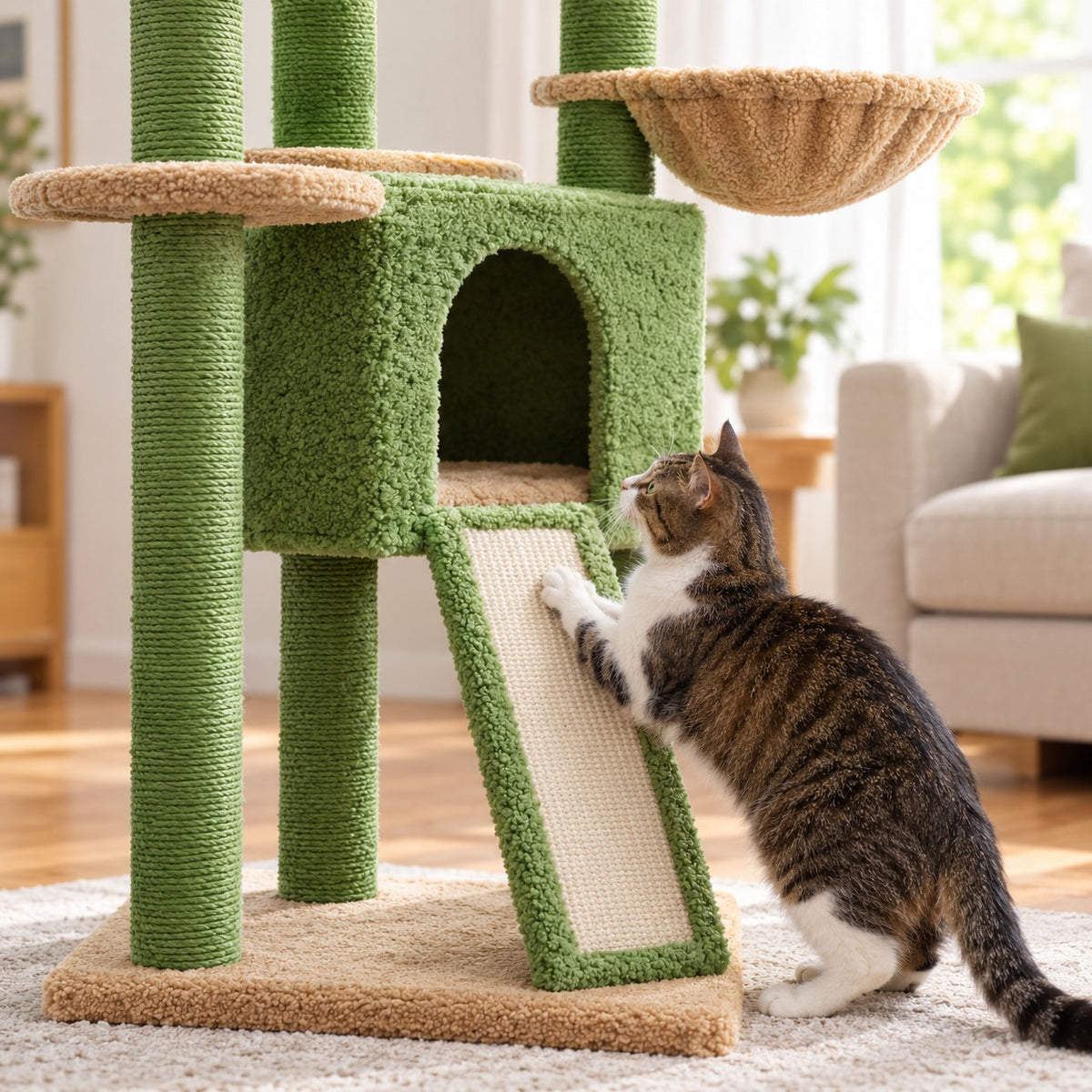 Cat scratching the sisal ramp next to the condo of the floor to ceiling cat tree
