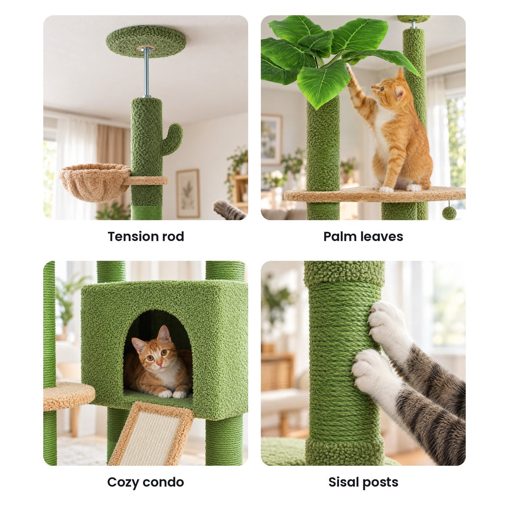 Floor to ceiling cat tree details: ceiling tension rod, palm leaves, condo, sisal posts