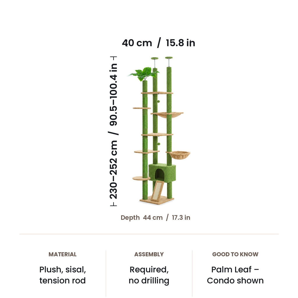 Floor to ceiling cat tree dimensions: 40 x 44 cm base, adjustable 230-252 cm (90.5-100.4 in)
