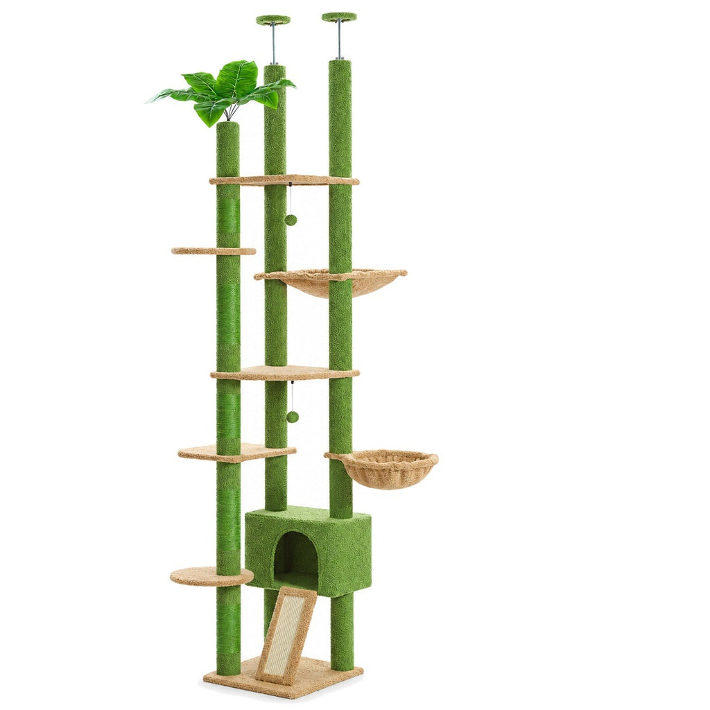 Floor to ceiling palm-leaf cat tree with condo on a white background