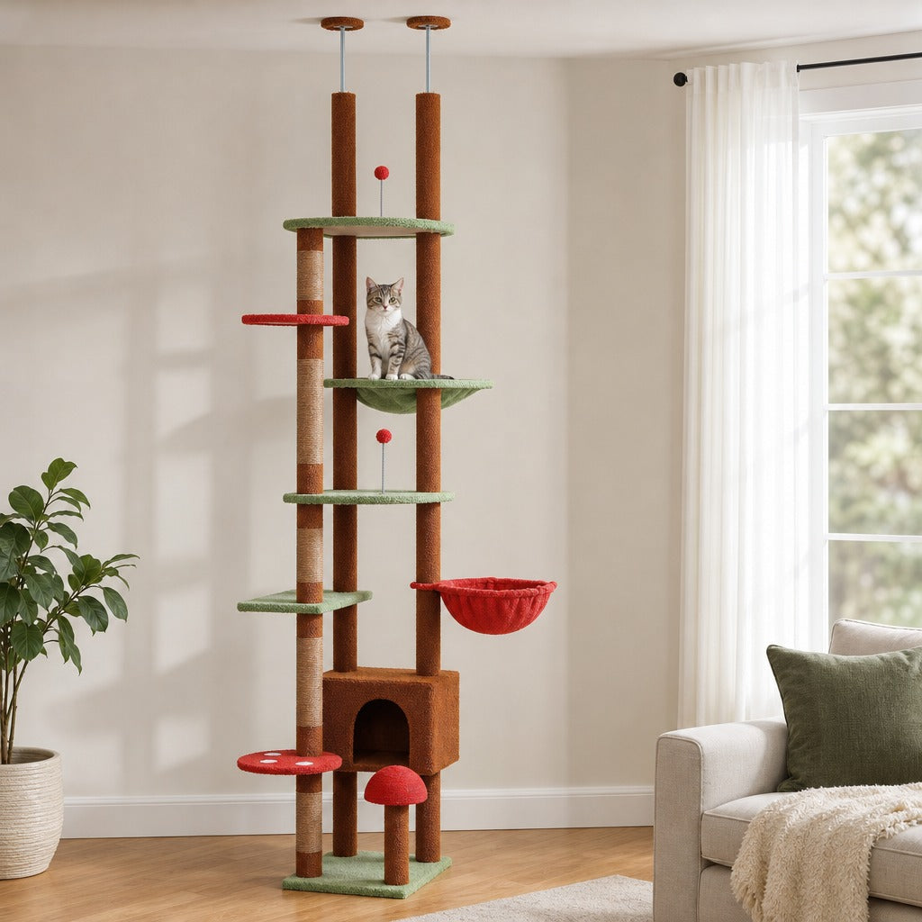 Floor-to-ceiling cat tree with mushroom design in rust brown, sage green and red