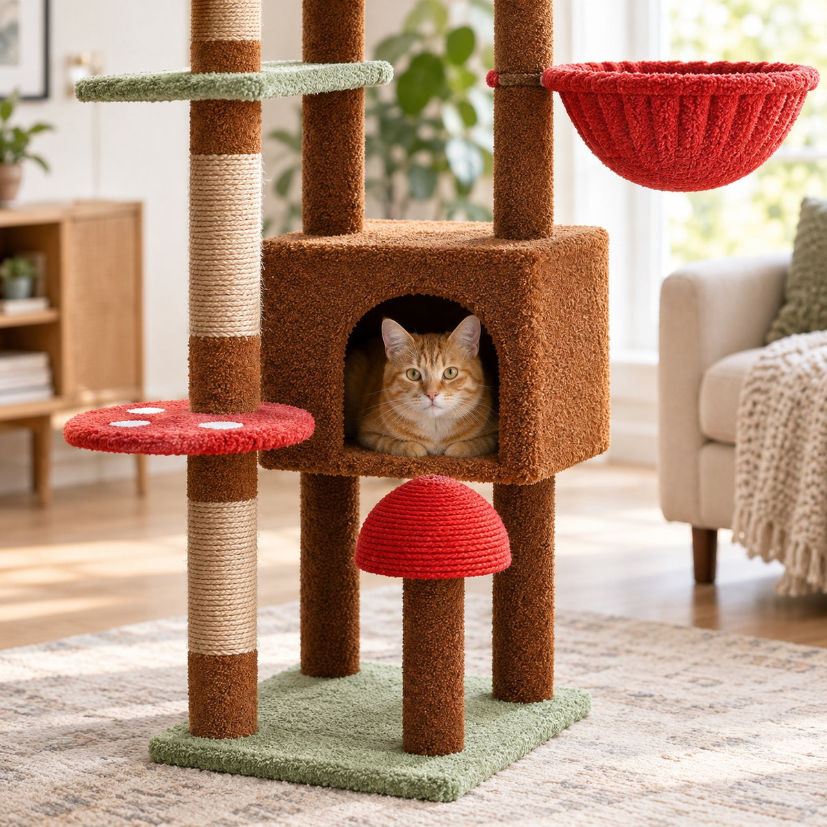 Cat inside the teddy plush condo above the sisal mushroom scratcher