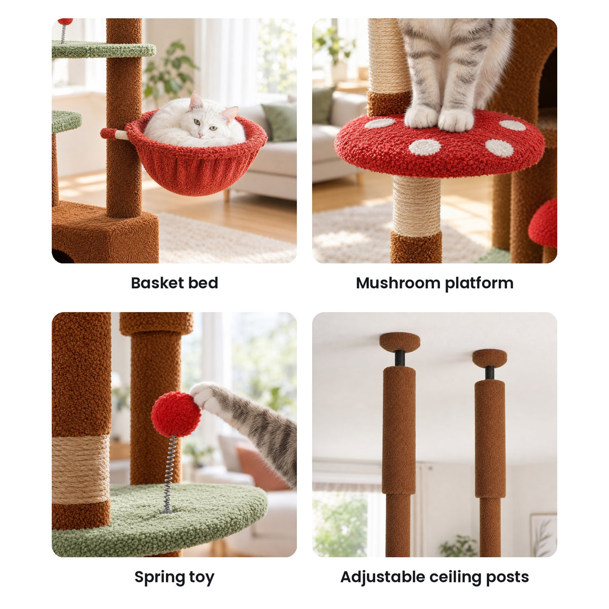 Floor-to-ceiling cat tree details: basket bed, mushroom platform, spring toy, adjustable ceiling posts