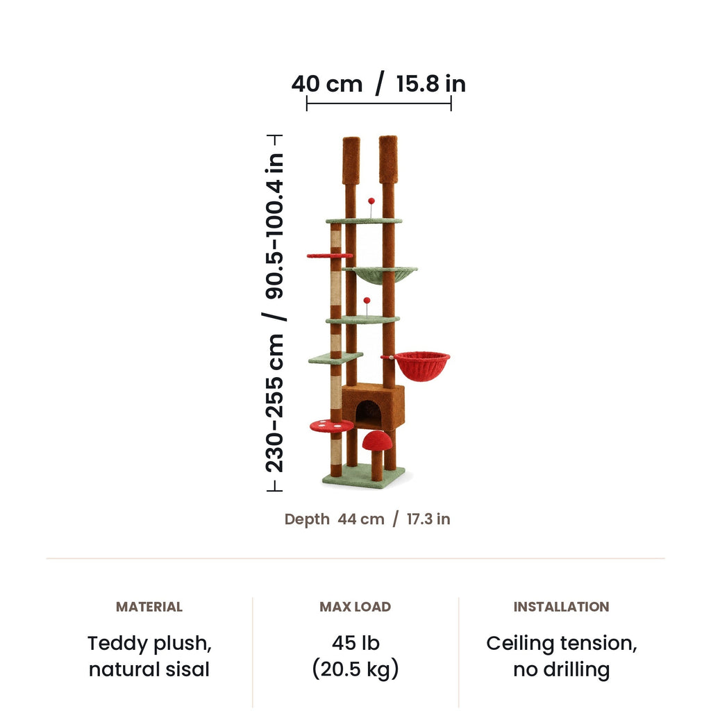 Floor-to-ceiling cat tree dimensions: adjustable 230 to 255 cm (90.5 to 100.4 in), base 40 x 44 cm