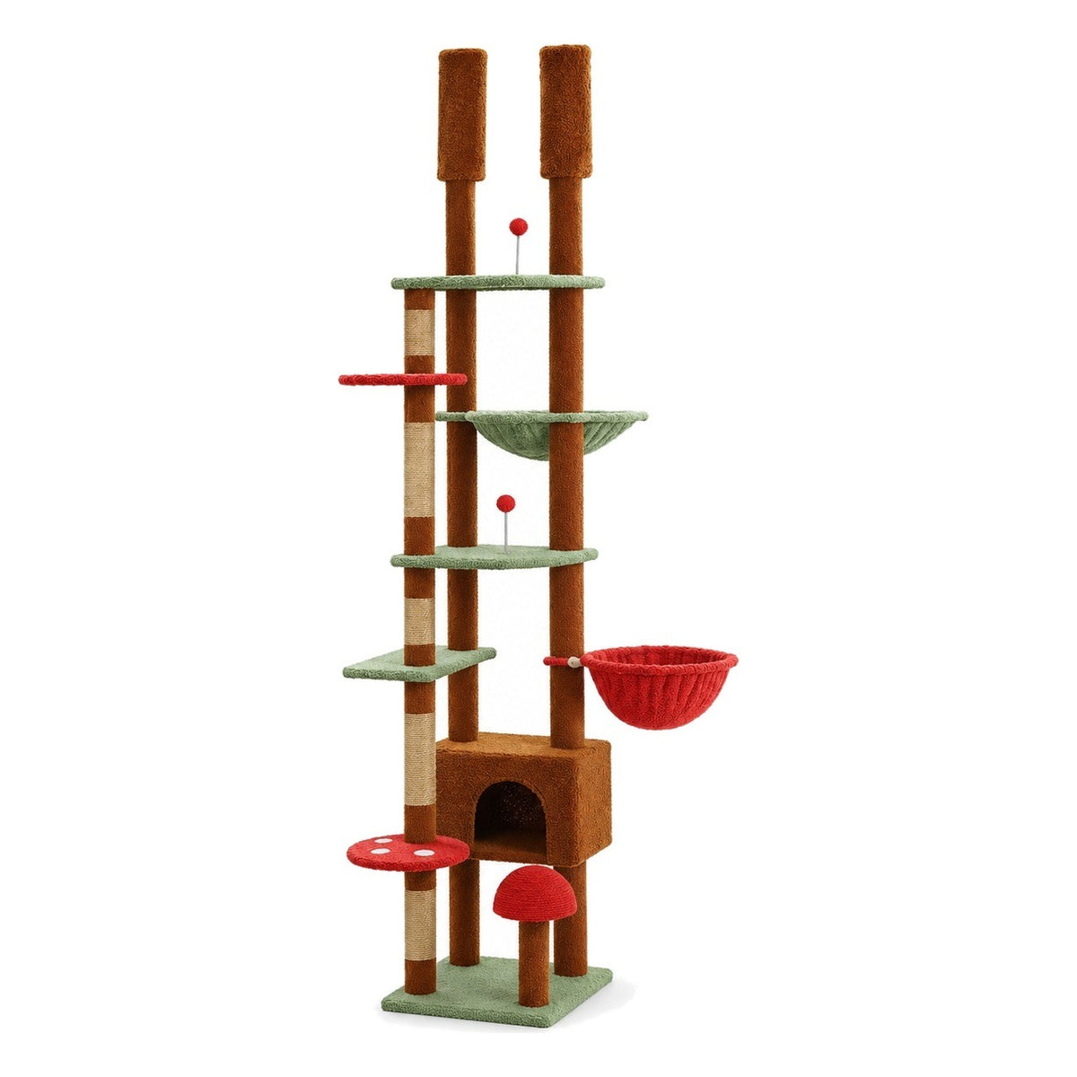 Floor-to-ceiling cat tree with mushroom design on a white background