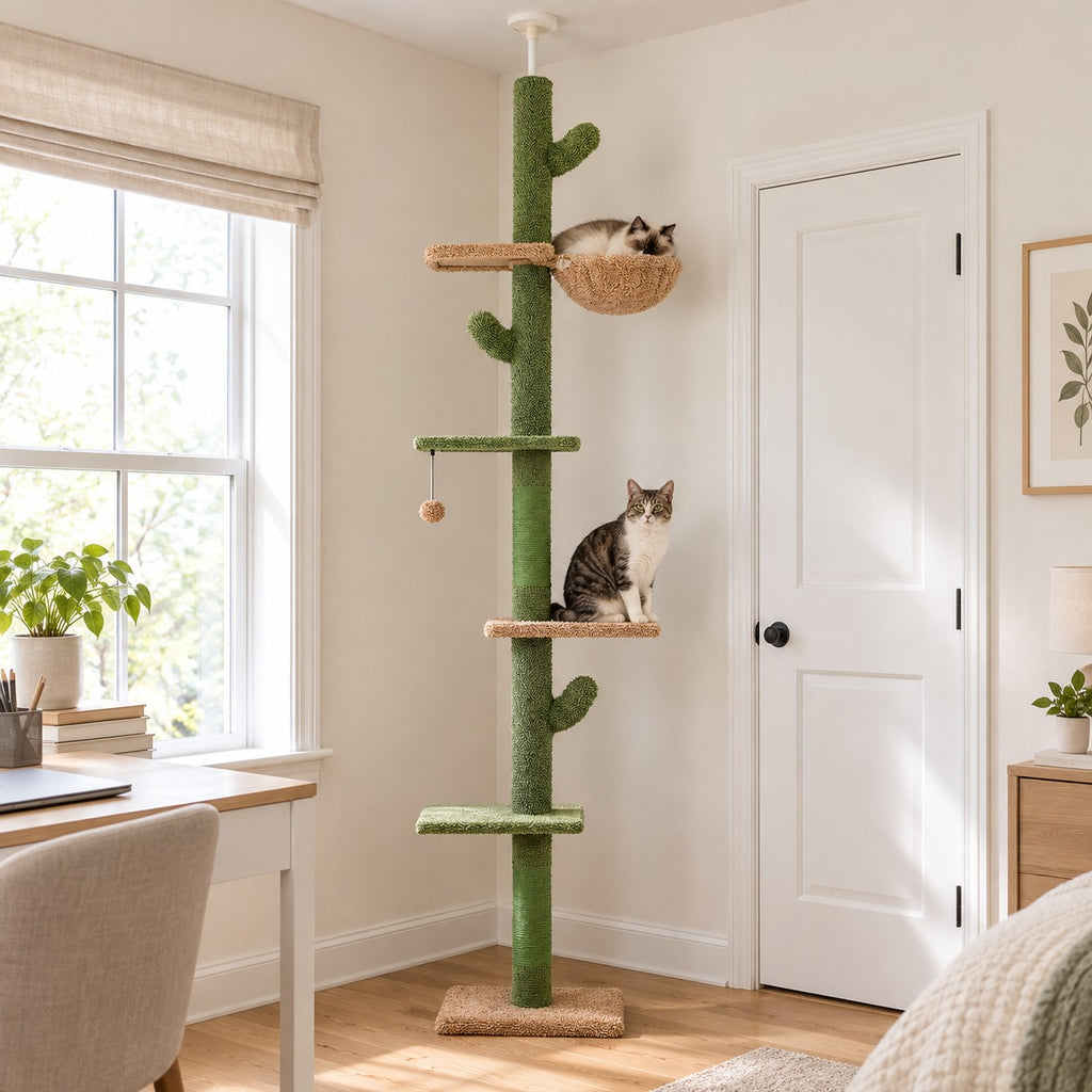 Floor-to-ceiling cactus cat tree with green and tan platforms in a room