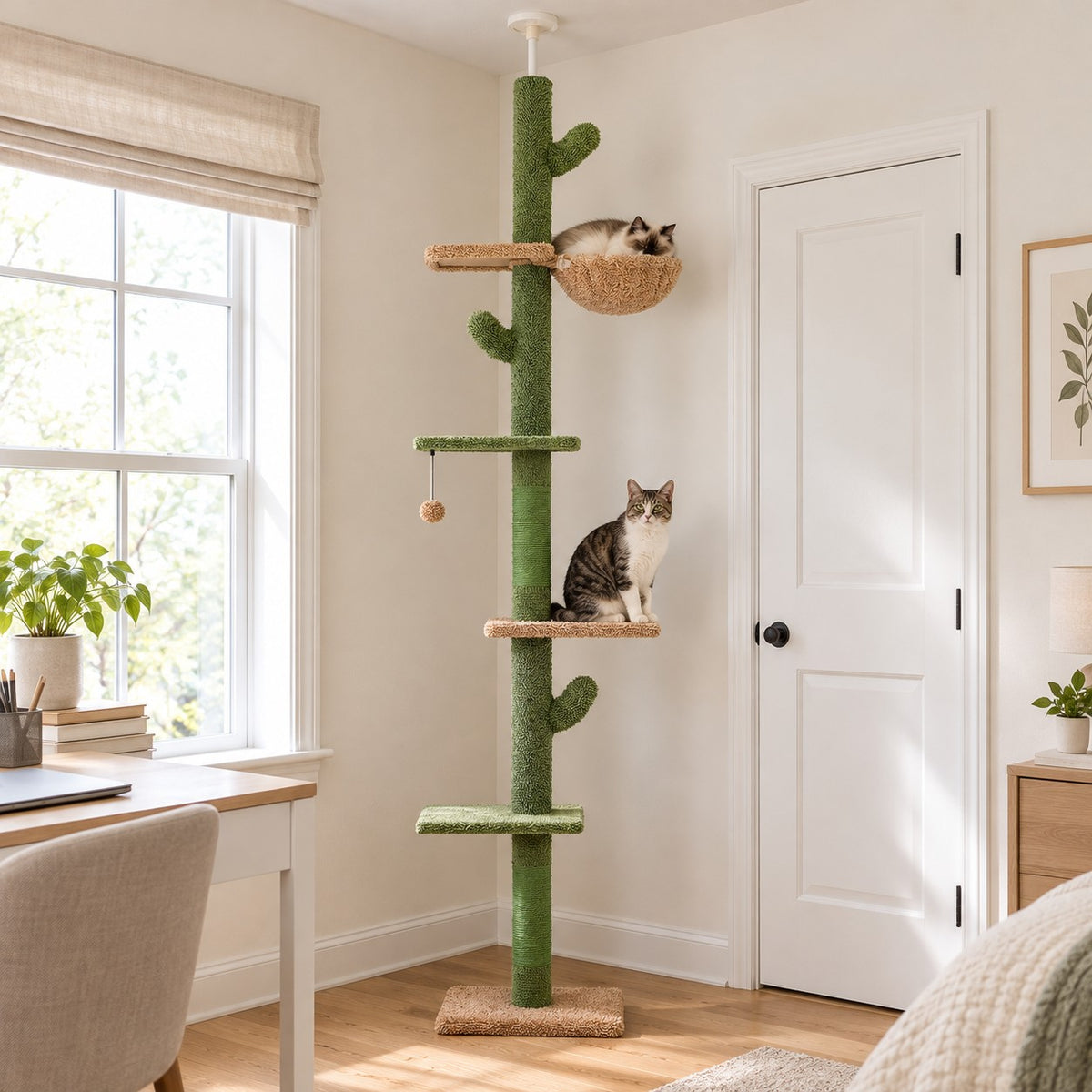 Floor-to-ceiling cactus cat tree with green and tan platforms in a room