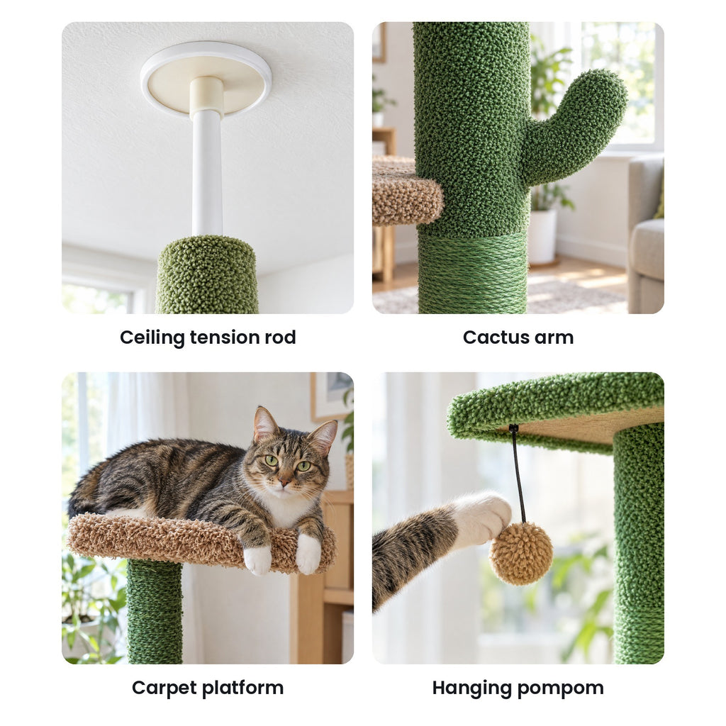 Cactus cat tree details: ceiling tension rod, cactus arm, carpet platform, hanging pompom
