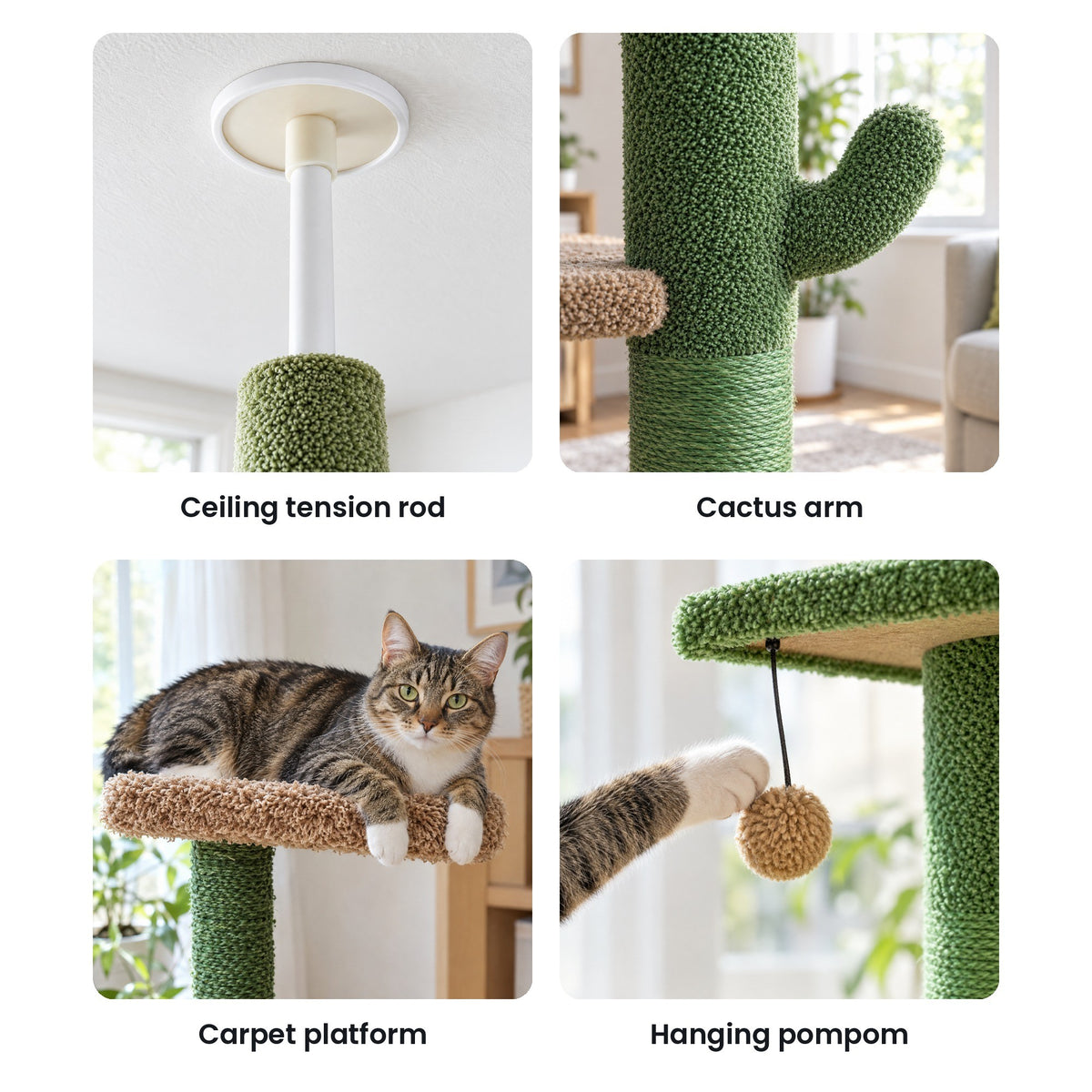 Cactus cat tree details: ceiling tension rod, cactus arm, carpet platform, hanging pompom