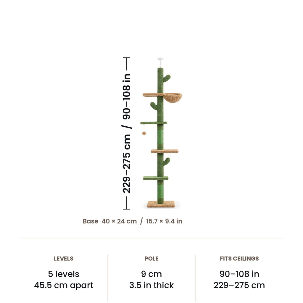 Floor-to-ceiling cat tree dimensions: adjustable 229-275 cm (90-108 in), base 40 x 24 cm