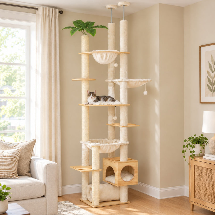 Floor to ceiling cat tree in Beige with cream posts, wood boards, hammocks and wood condo