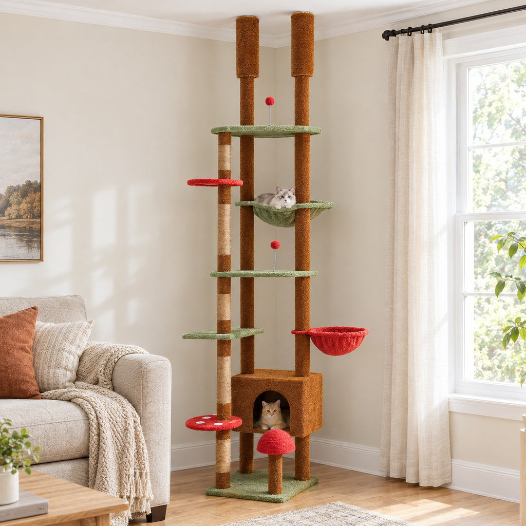 Floor to ceiling cat tree in Brown with mushroom design, green platforms and red basket