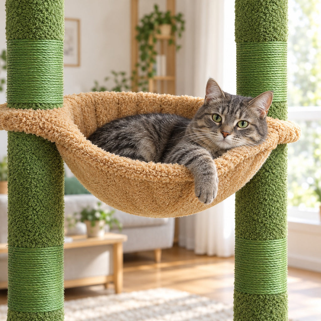 Cat resting in the large plush hammock of the green cat tree