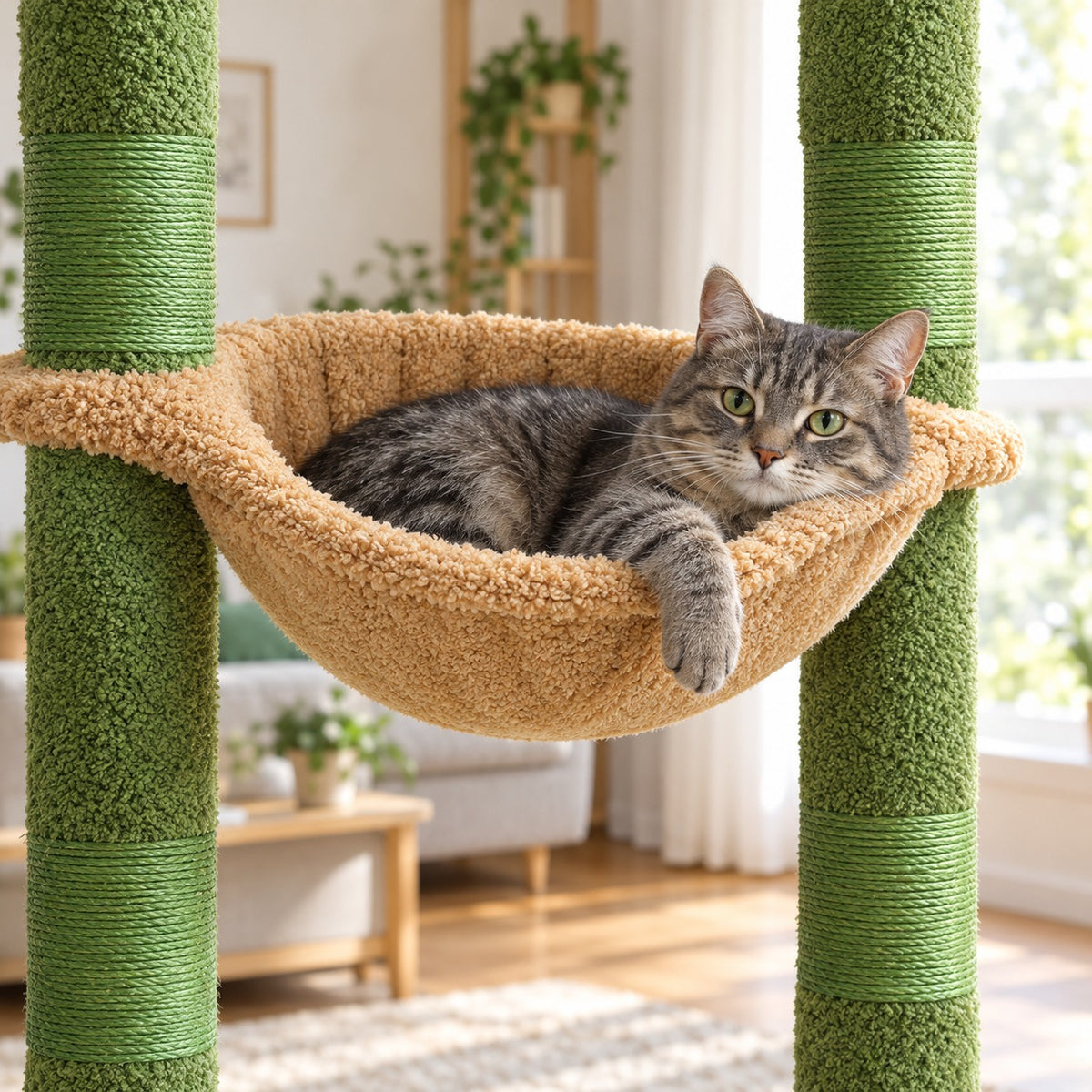 Cat resting in the large plush hammock of the green cat tree