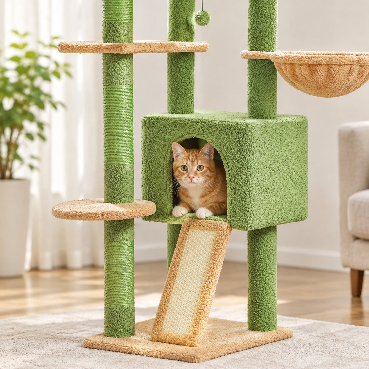 Cat peeking out of the green condo above the sisal scratching ramp