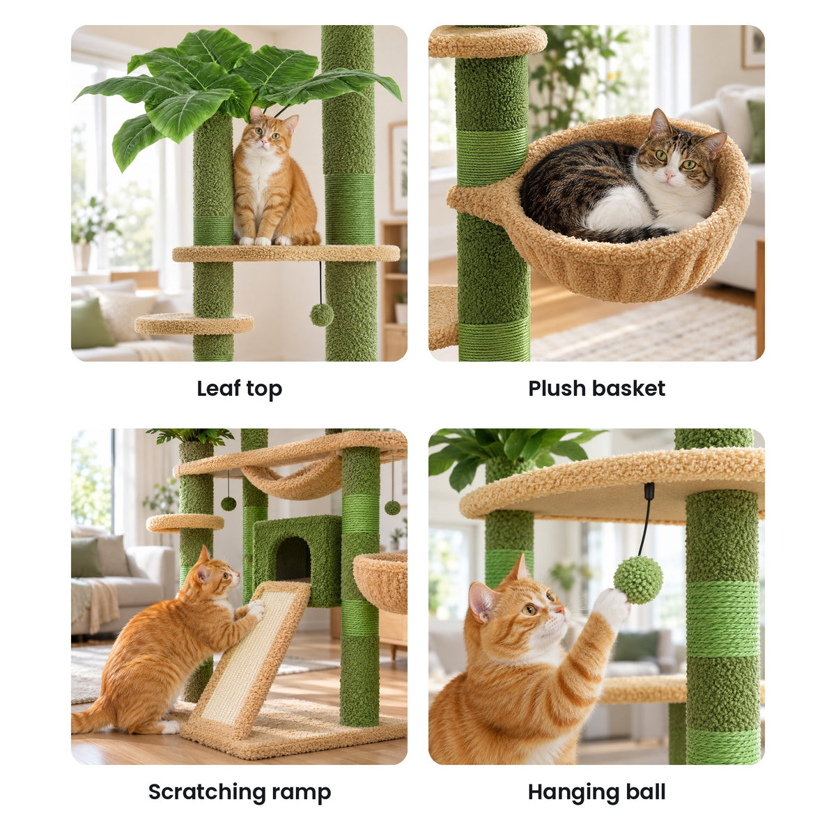 Floor to ceiling cat tree details: leaf top, plush basket, scratching ramp, hanging ball