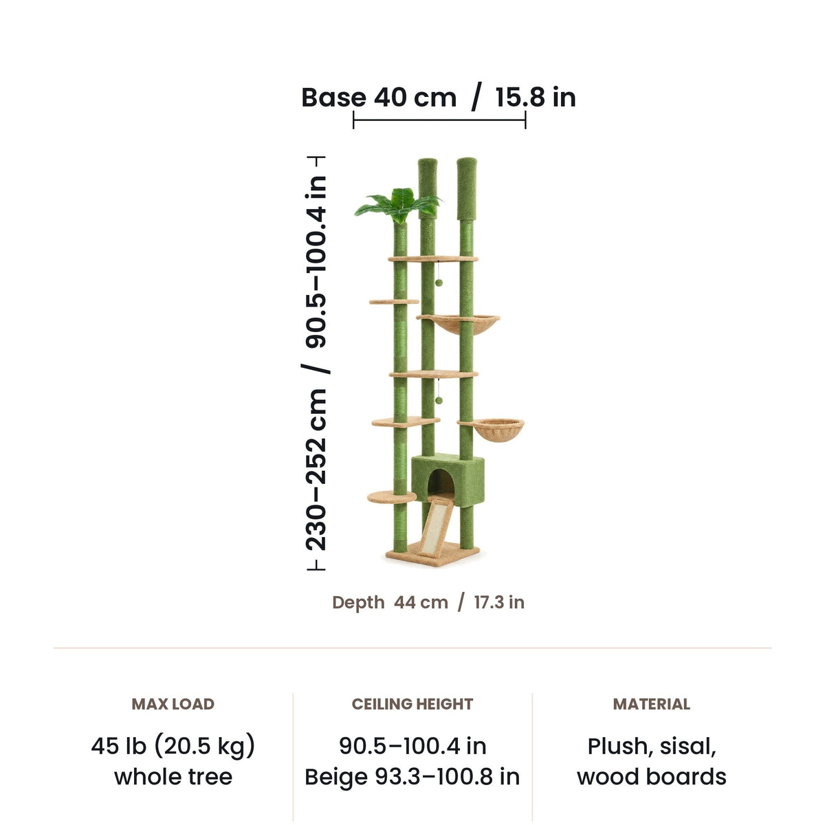 Floor to ceiling cat tree dimensions: 40 x 44 cm base, 230-252 cm (90.5-100.4 in) tall