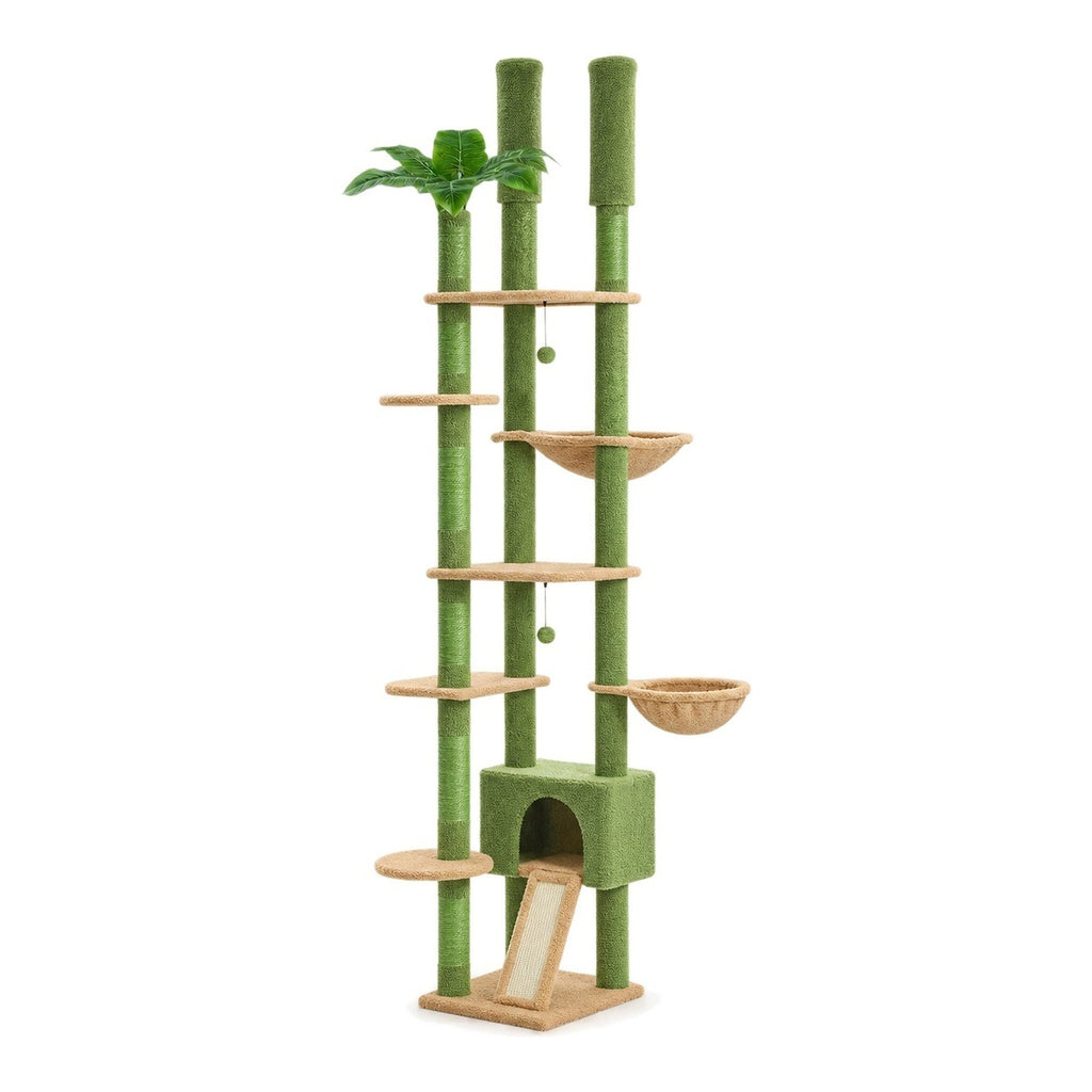 Green floor to ceiling cat tree on a white background