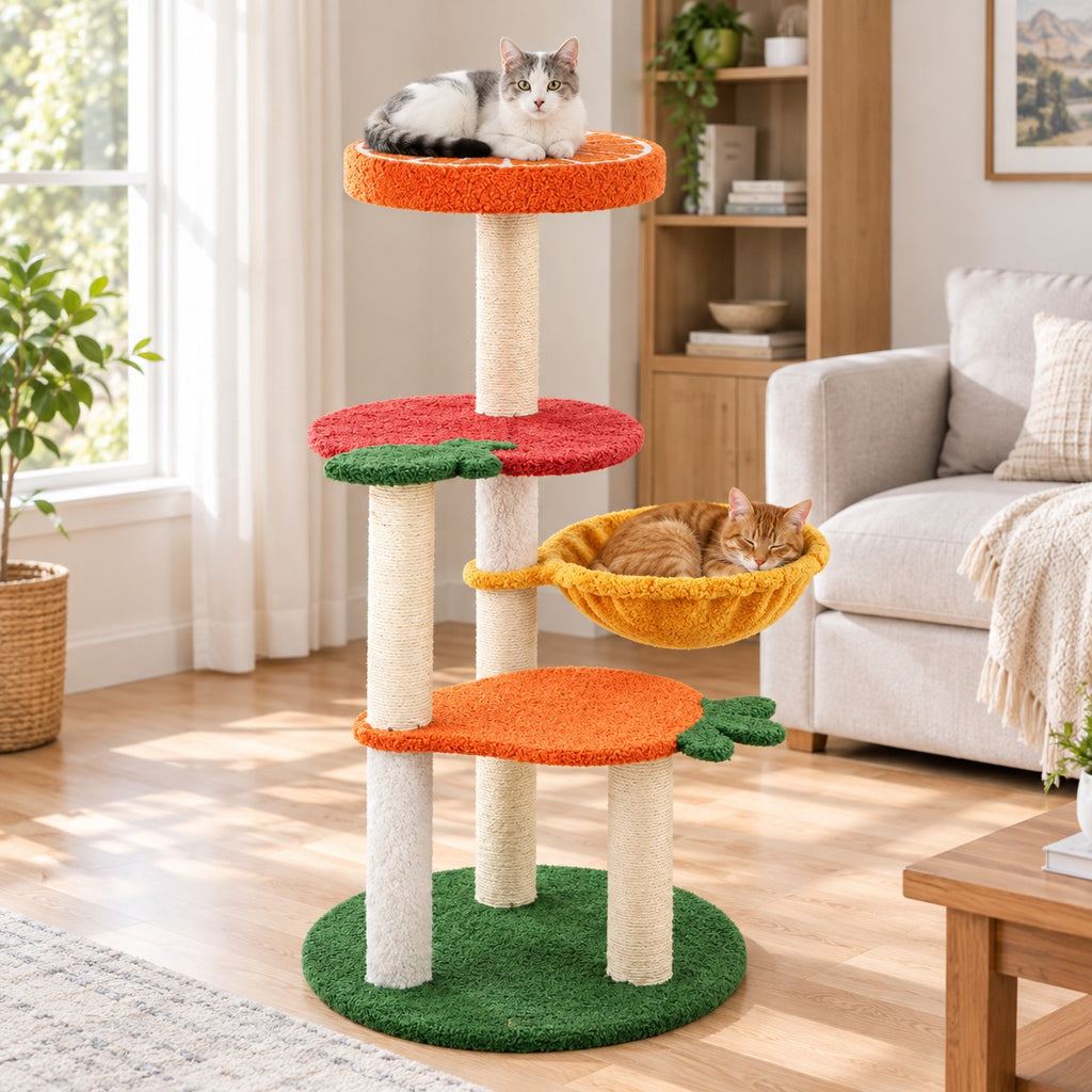 Cat lying on the orange-slice top perch of a fruit cat tree, another cat in the yellow basket