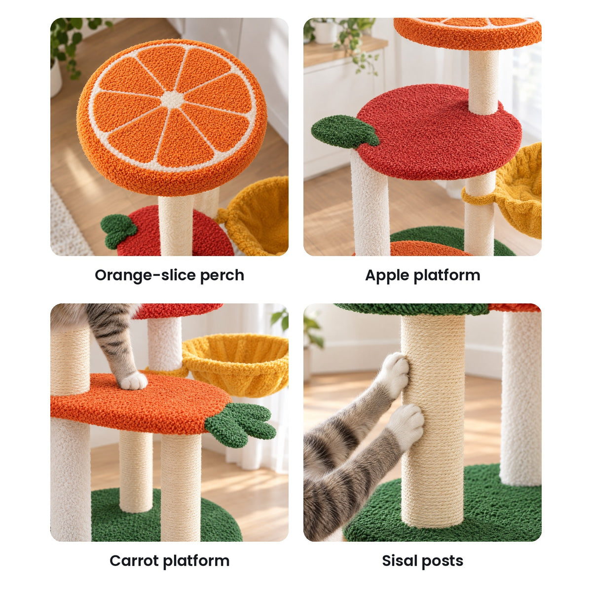 Fruit cat tree details: orange-slice perch, apple platform, carrot platform, sisal posts