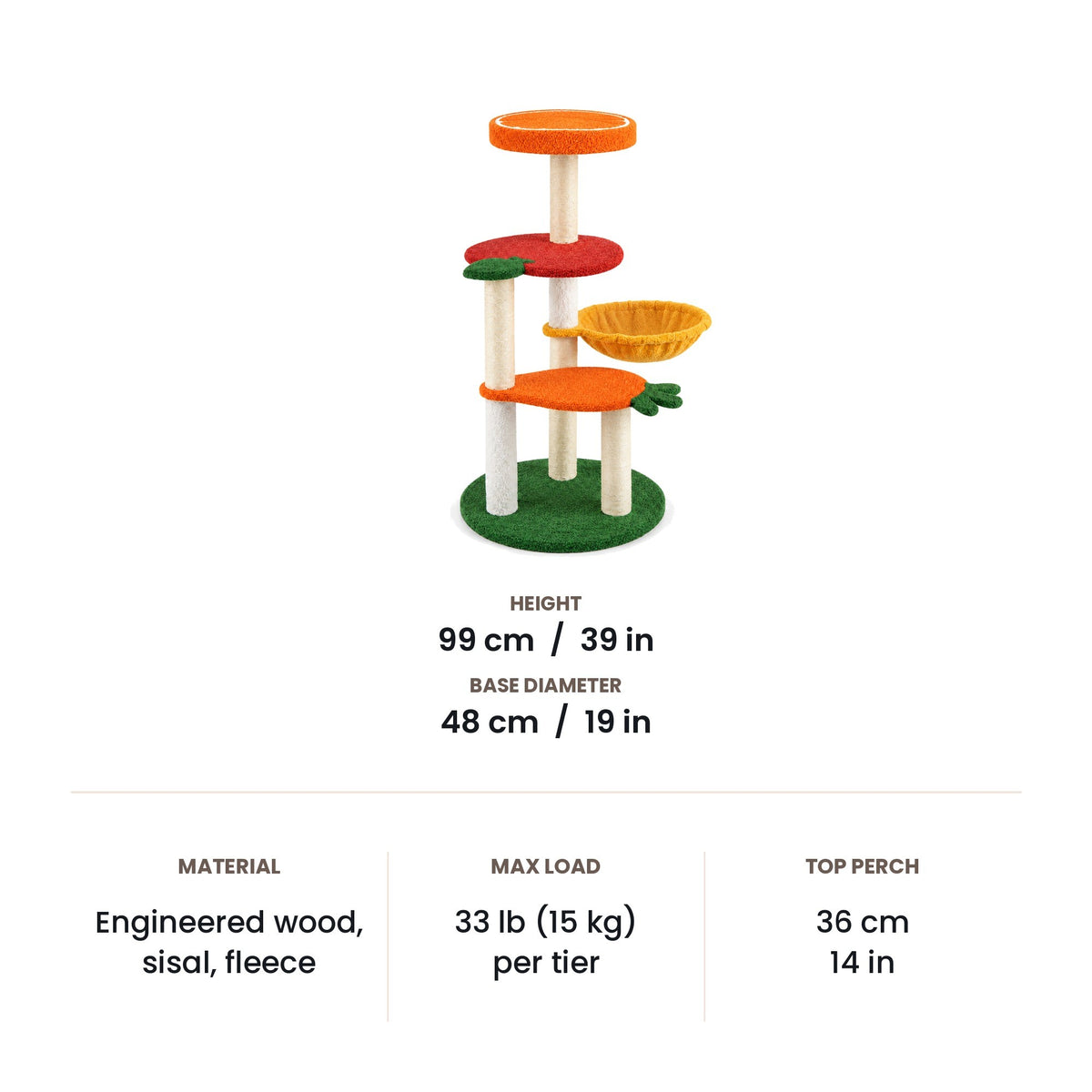 Fruit cat tree dimensions: 99 cm (39 in) tall, 48 cm (19 in) round base