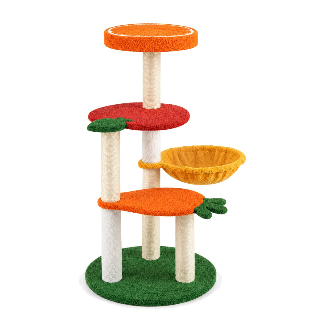 Fruit cat tree with rotating basket on a white background