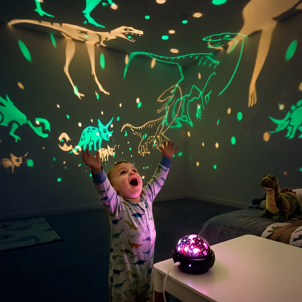 Little boy amazed by glowing dinosaur projections filling his bedroom walls and ceiling