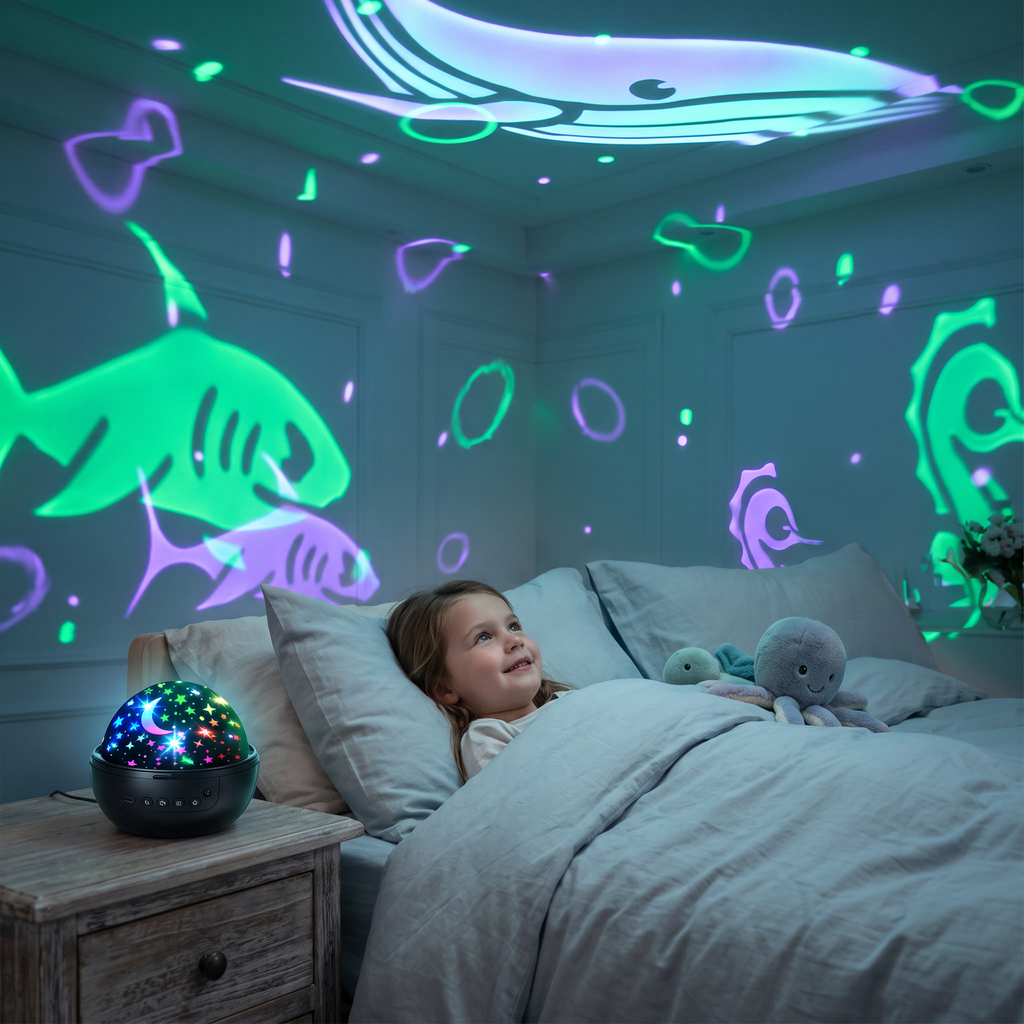 Little girl in bed watching glowing whale, sharks and fish projected across her ceiling by the night light