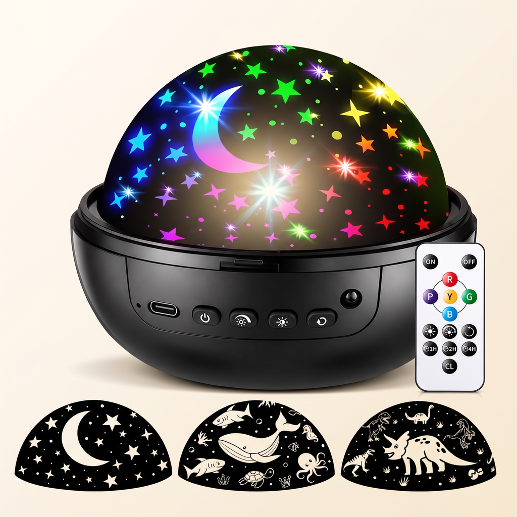 Galaxy star projector night light with remote control and its three projection films: stars, ocean, dinosaurs