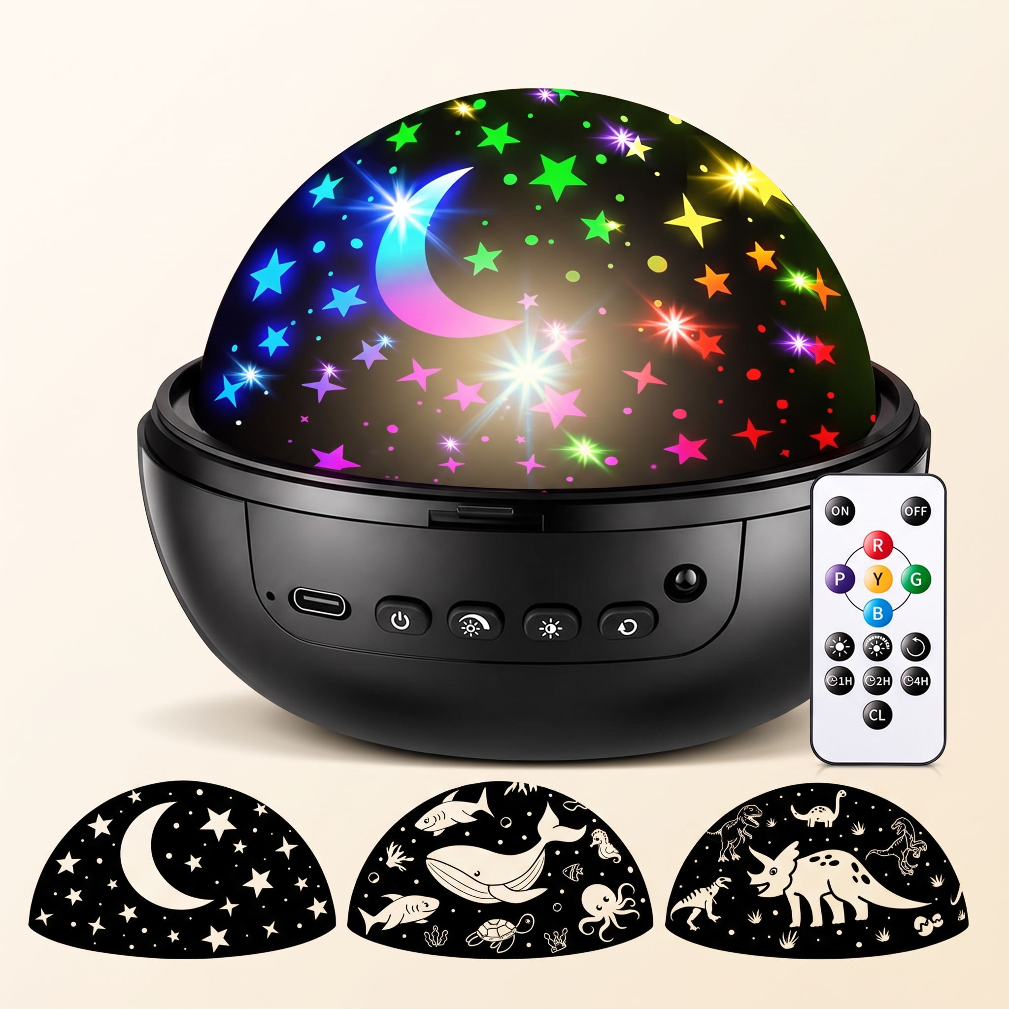 Galaxy star projector night light with remote control and its three projection films: stars, ocean, dinosaurs