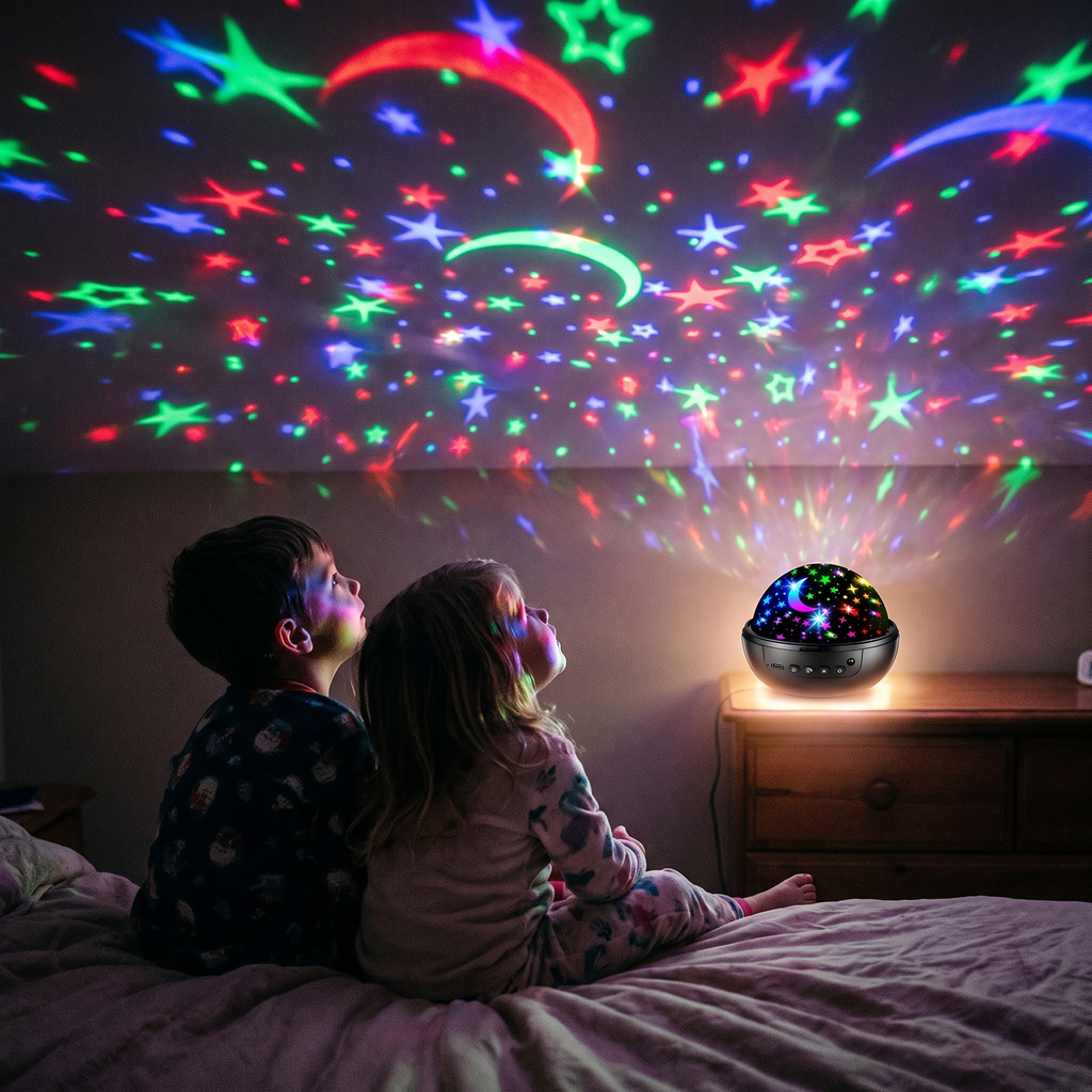 Brother and sister watching a ceiling full of colorful stars projected by the night light