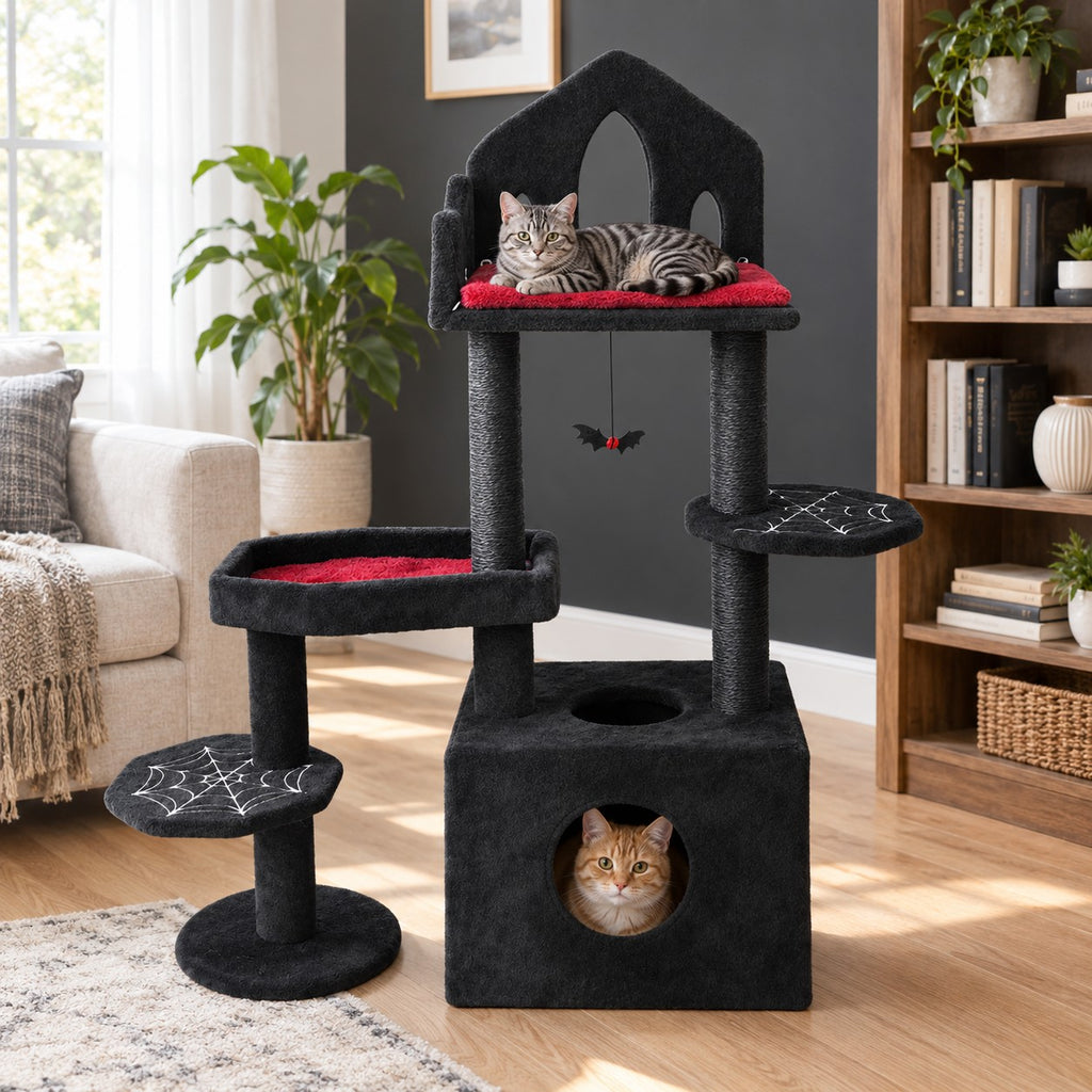 Cat lying on the top platform of a gothic black and red cat tree, a second cat in the condo