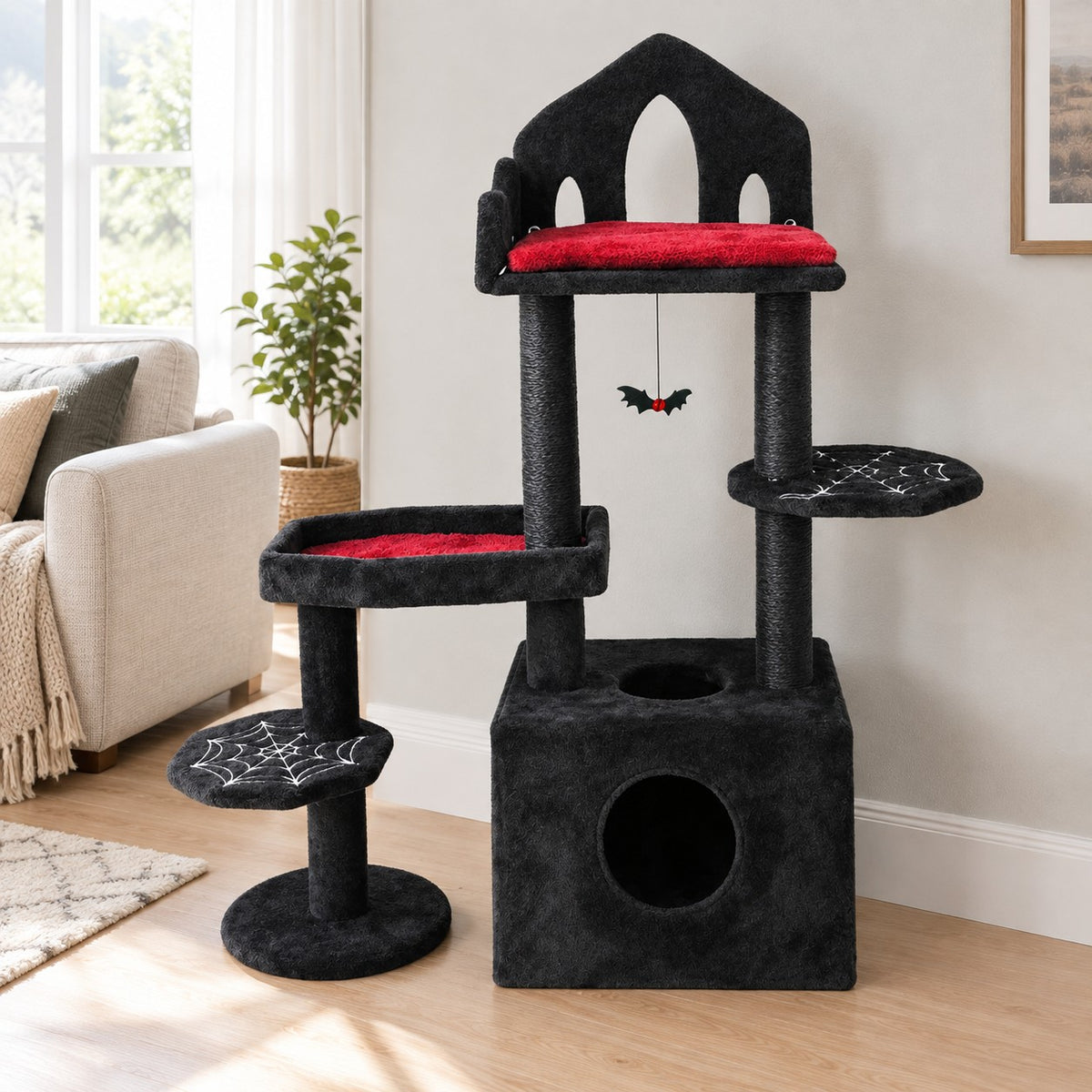 Gothic black and red cat tree with coffin bed and spiderweb perches in a living room