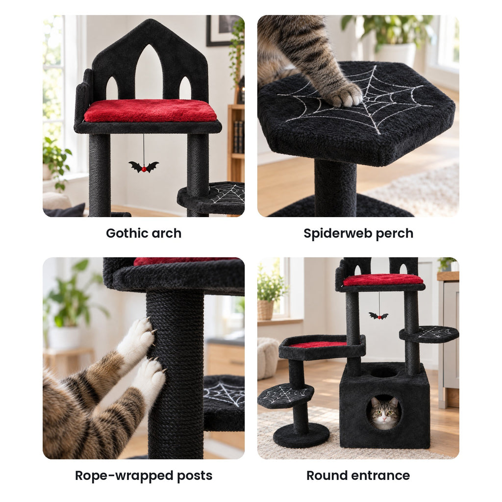 Gothic cat tree details: arched top platform, spiderweb perch, rope-wrapped post, condo entrance
