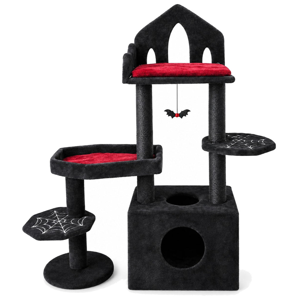Gothic black and red cat tree on a white background