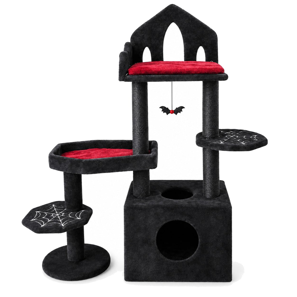 Gothic black and red cat tree on a white background