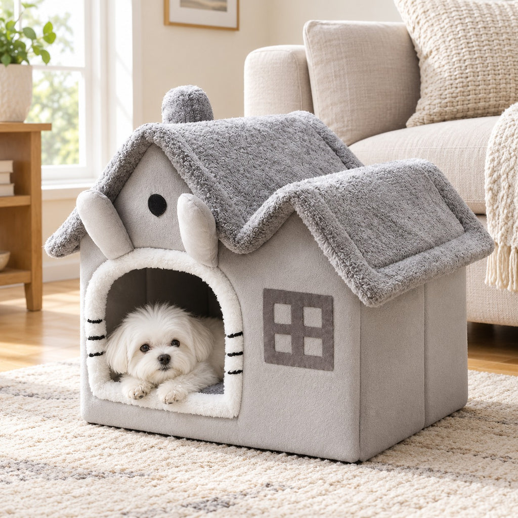 Dog resting in a grey plush indoor dog house with double roof and rabbit ears