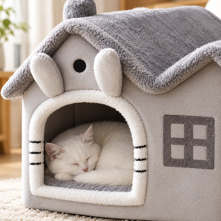 Cat asleep inside, white plush door trim with stitched whiskers