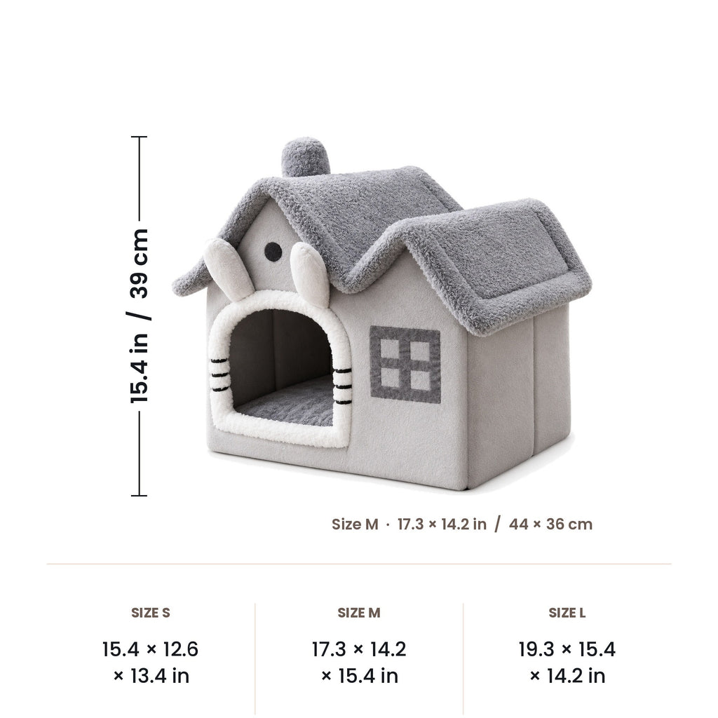 Indoor dog house dimensions: S 15.4 in, M 17.3 x 14.2 x 15.4 in, L 19.3 in
