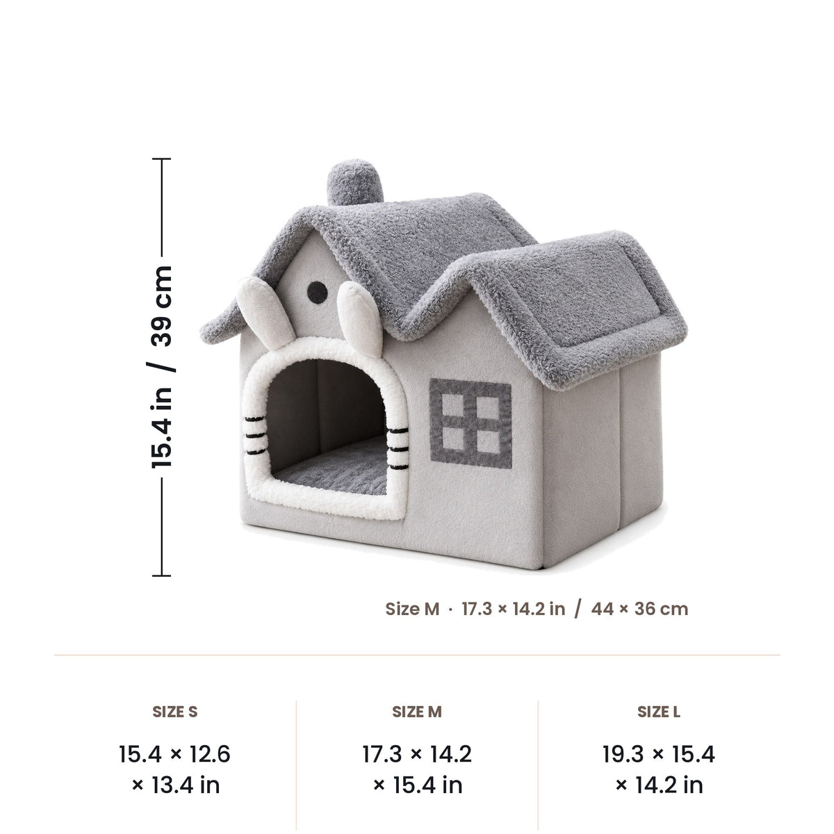 Indoor dog house dimensions: S 15.4 in, M 17.3 x 14.2 x 15.4 in, L 19.3 in