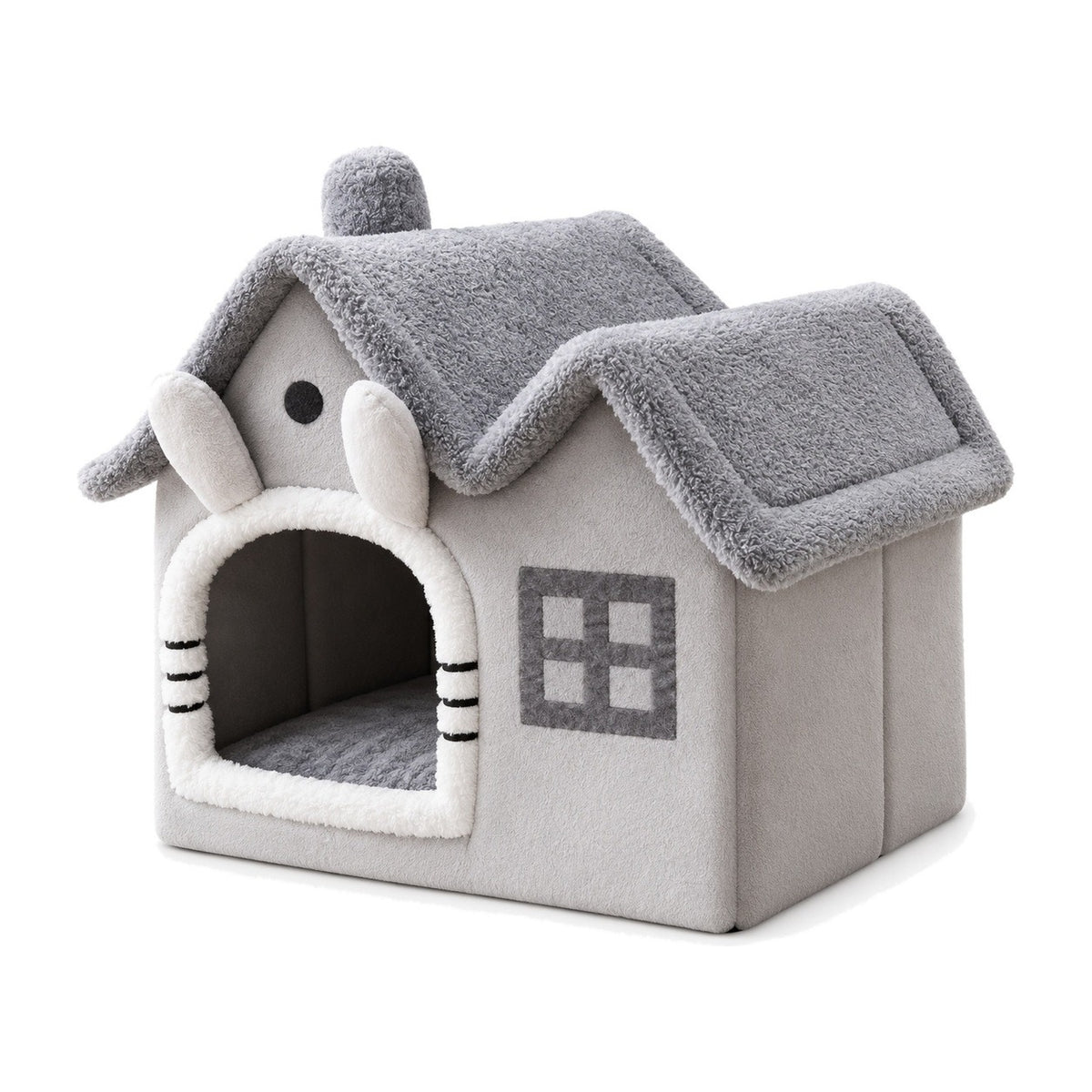 Grey plush indoor dog house with double roof on a white background