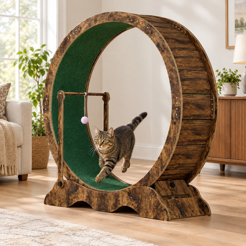 Cat running on the green carpeted track of a large Retro Brown cat exercise wheel