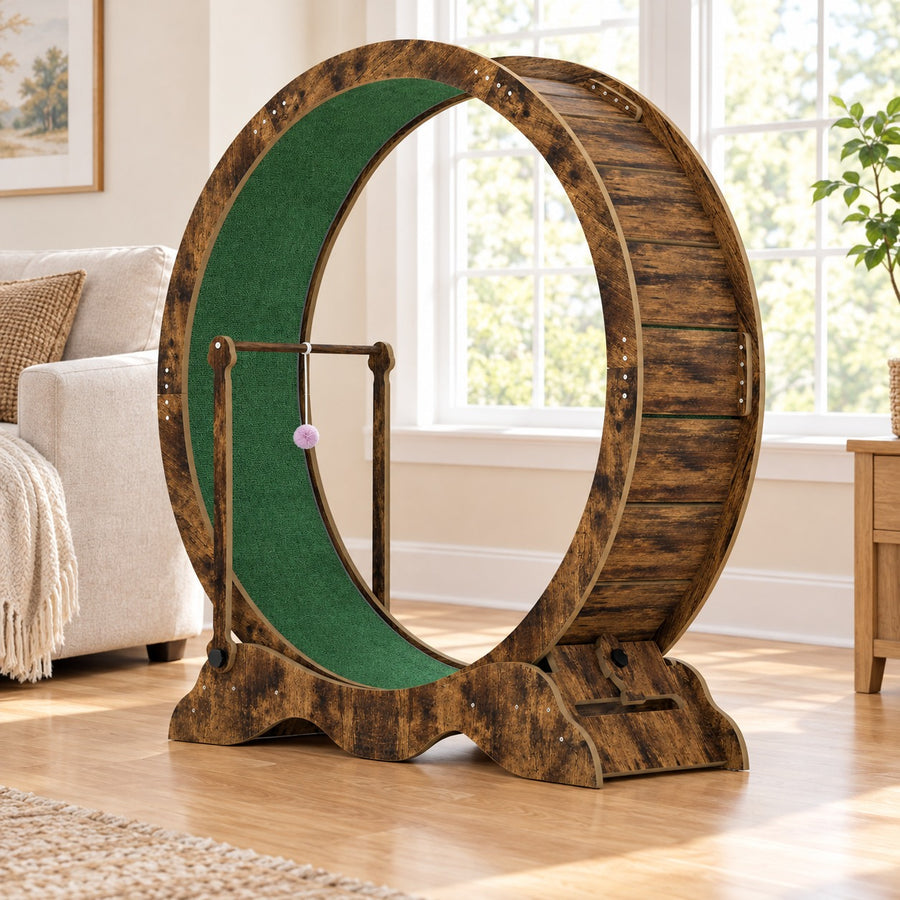 Large cat exercise wheel with carpeted track and toy bar in Retro Brown