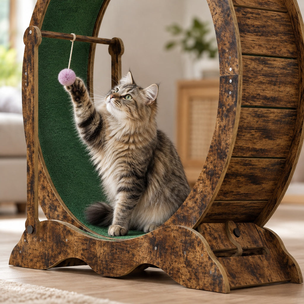 Cat batting the pom-pom hanging from the toy bar of the cat wheel