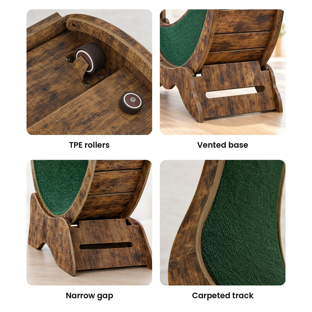 Large cat wheel details: TPE rollers, vented base, narrow gap, carpeted track
