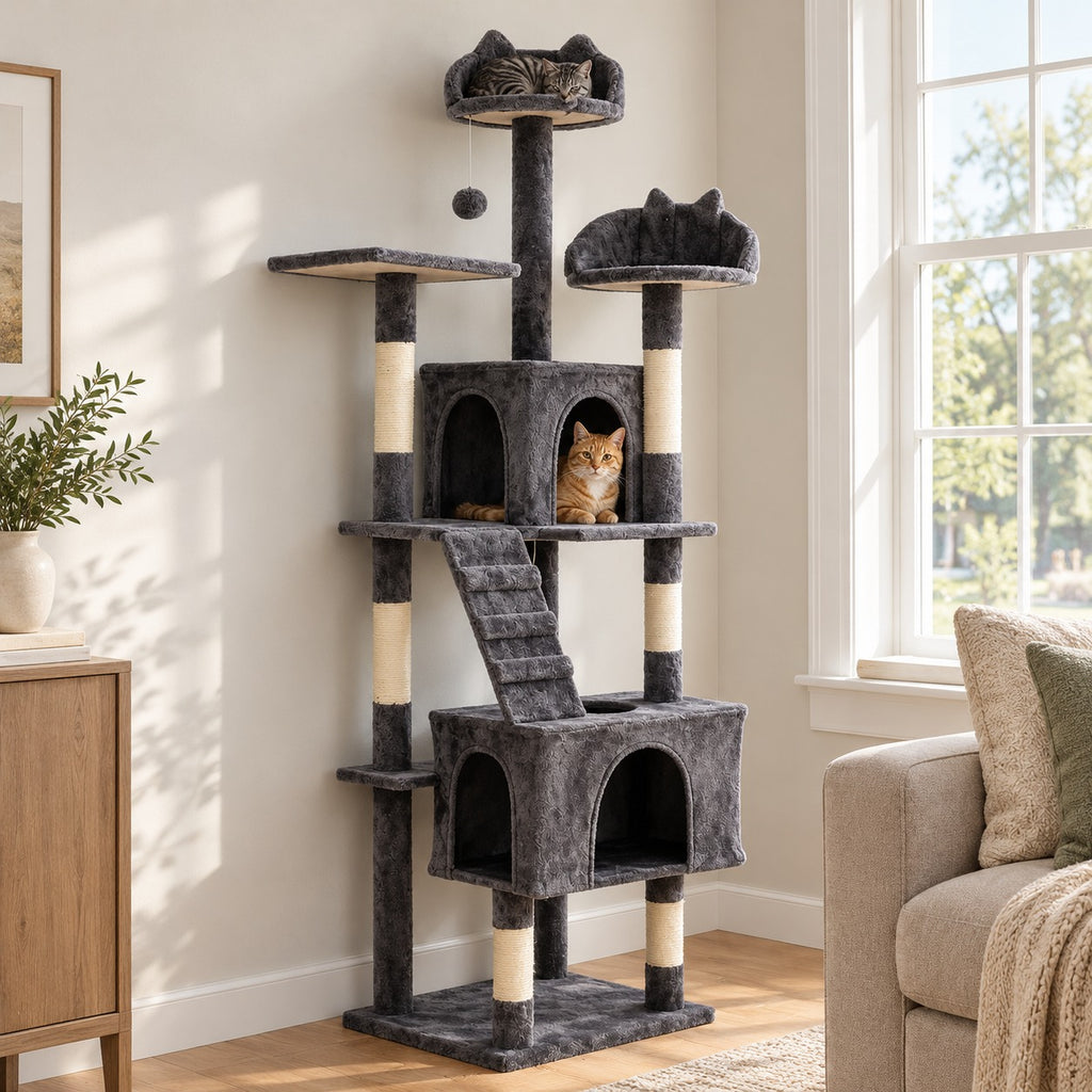 Cats resting in the top cat-ear perch and the upper condo of a 72 in dark gray cat tree