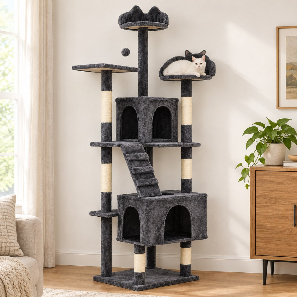 72 in dark gray cat tree tower with two double-door condos, a ladder and cat-ear perches