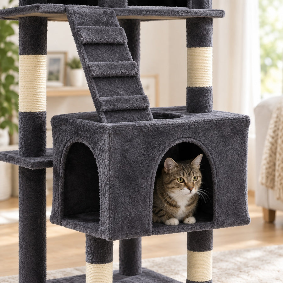 Cat peeking out of the lower double-door condo of the dark gray cat tree