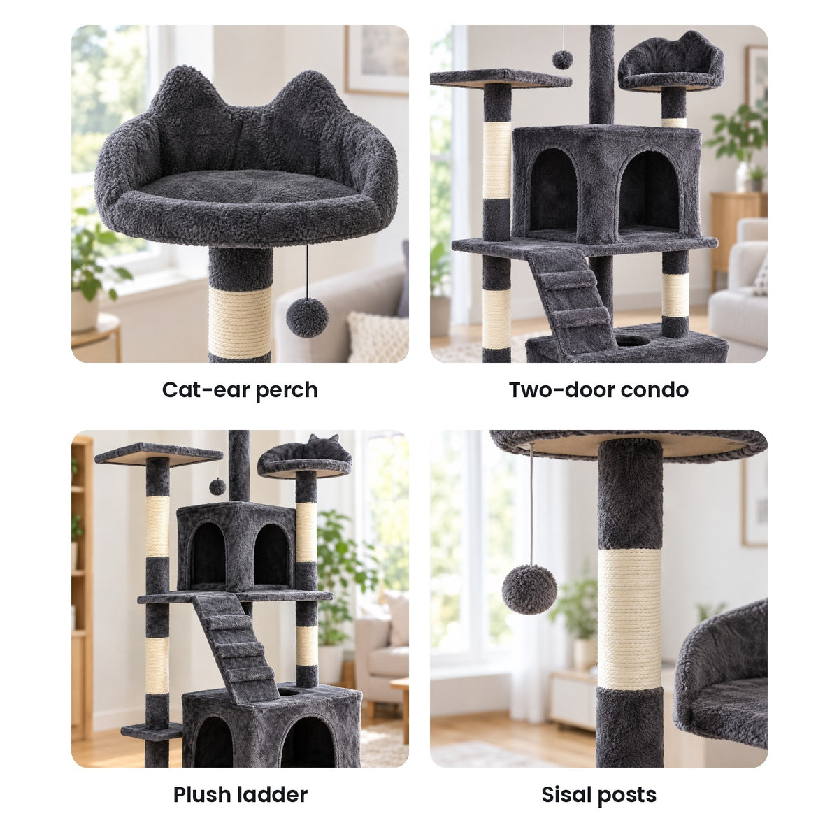 Cat tree details: cat-ear perch, two-door condo, plush ladder, sisal-wrapped posts